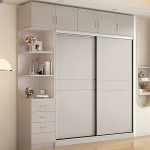 "Composite Wood Kids Wardrobe in Gray with Shelf and Compartment, Clothing Rod and Door"