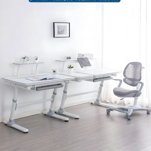 "Adjustable Children's Desk, Height-adjustable, Wood, Chalk Color, with Storage, Shelf, and 1 Drawer"
